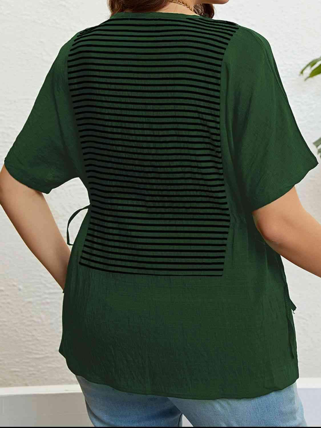 Plus Size Striped Drawstring Slit Top Blouses - Tophatter Daily Deals