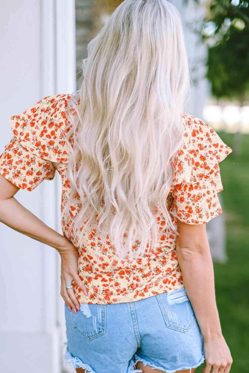 Floral Round Neck Flutter Sleeve Blouse Blouses - Tophatter Daily Deals