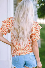 Floral Round Neck Flutter Sleeve Blouse Blouses - Tophatter Daily Deals