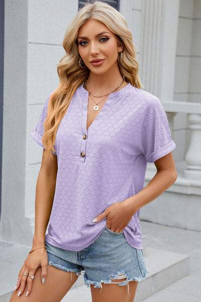 Eyelet Notched Short Sleeve T-Shirt Women's T-Shirts - Tophatter Daily Deals