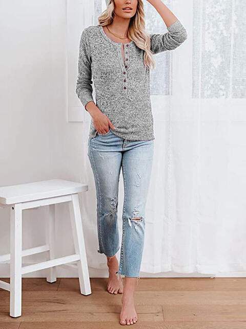 Round Neck Buttoned Long Sleeve T-Shirt Women's T-Shirts - Tophatter Daily Deals