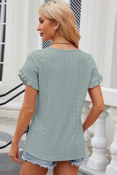 Eyelet Round Neck Petal Sleeve T-Shirt Women's T-Shirts - Tophatter Daily Deals