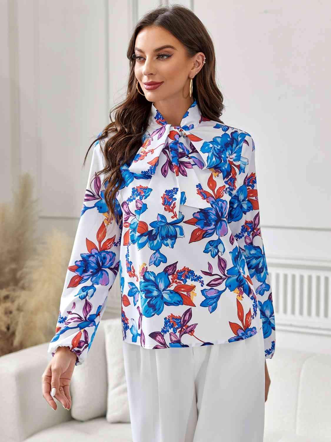 Floral Tie Neck Long Sleeve Blouse Blouses - Tophatter Daily Deals