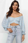 Printed Long Flounce Sleeve Cropped Blouse Pastel Blue Blouses - Tophatter Daily Deals