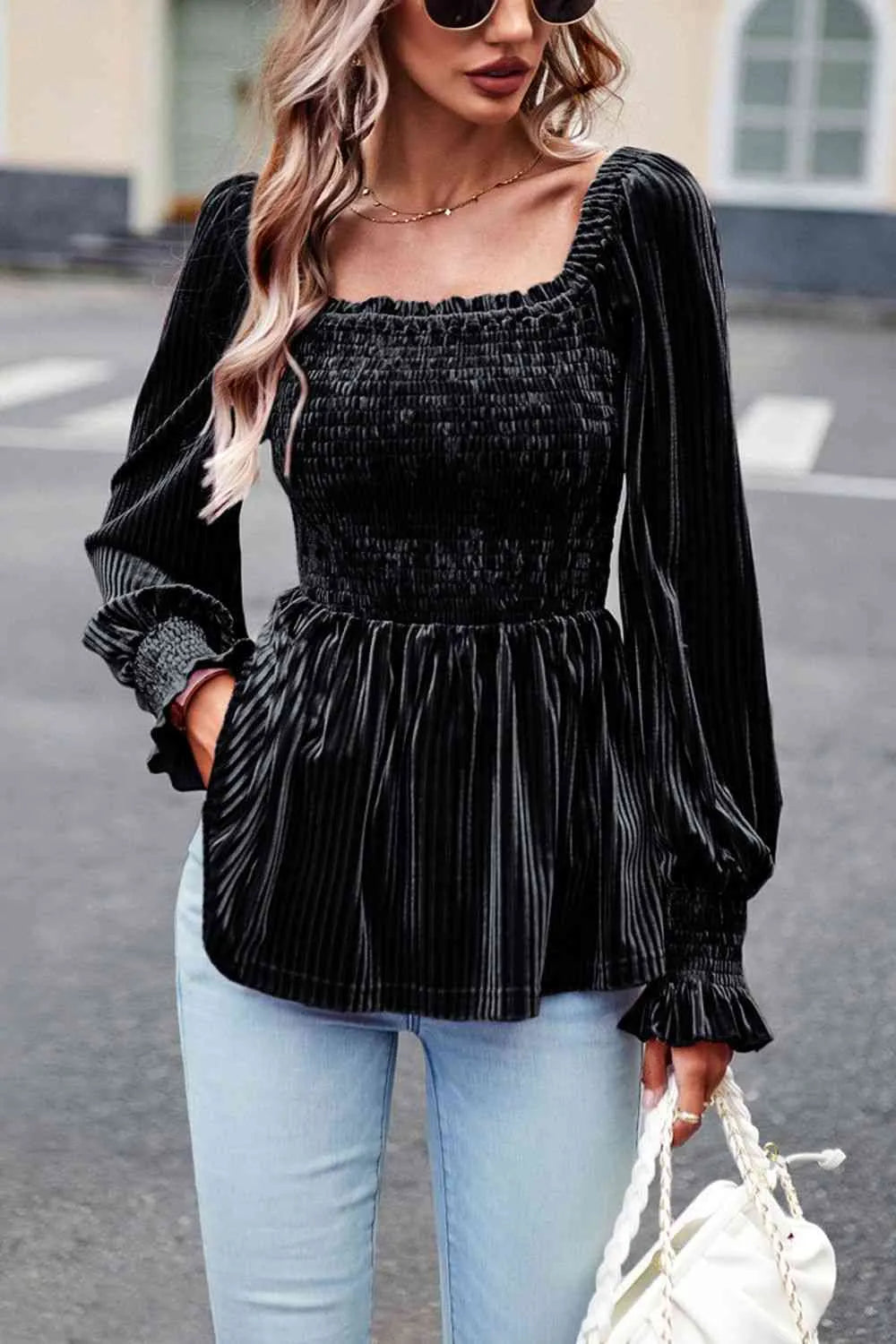 Smocked Square Neck Long Sleeve Blouse Blouses - Tophatter Daily Deals