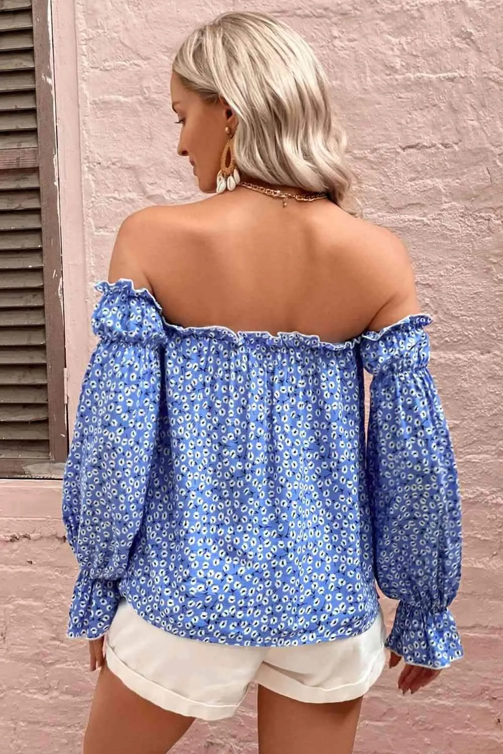 Off Shoulder Printed Frill Trim Blouse Blouses - Tophatter Daily Deals
