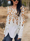 Floral Print V-Neck Long Sleeve Buttoned Tee Ochre Women's T-Shirts - Tophatter Daily Deals