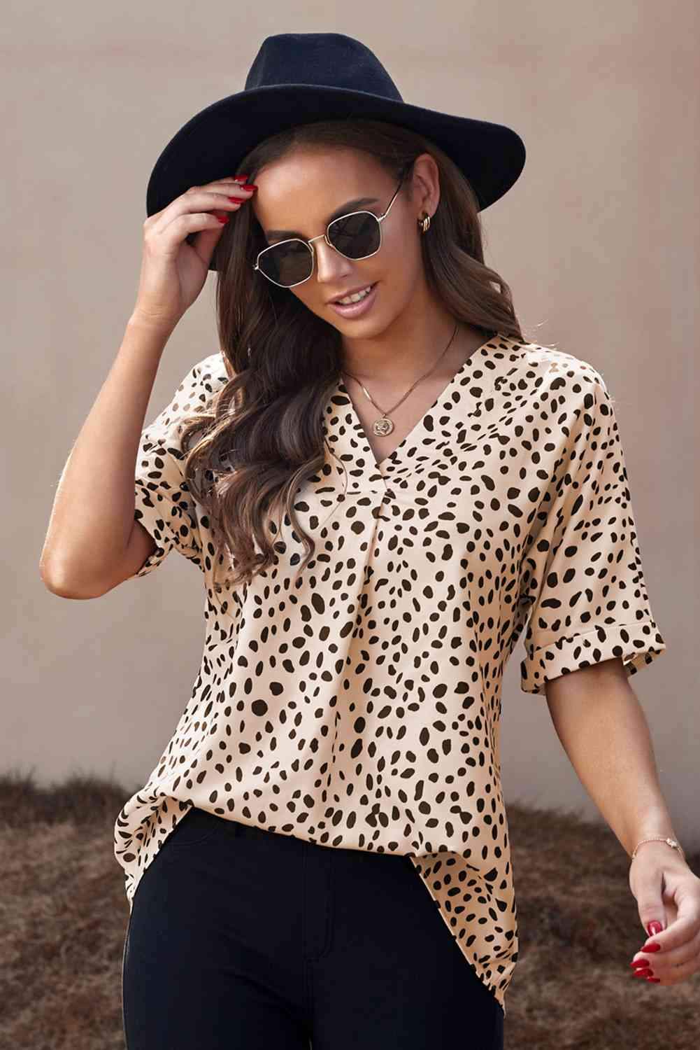 Printed V-Neck Cuffed Tunic Top Cream Blouses - Tophatter Daily Deals