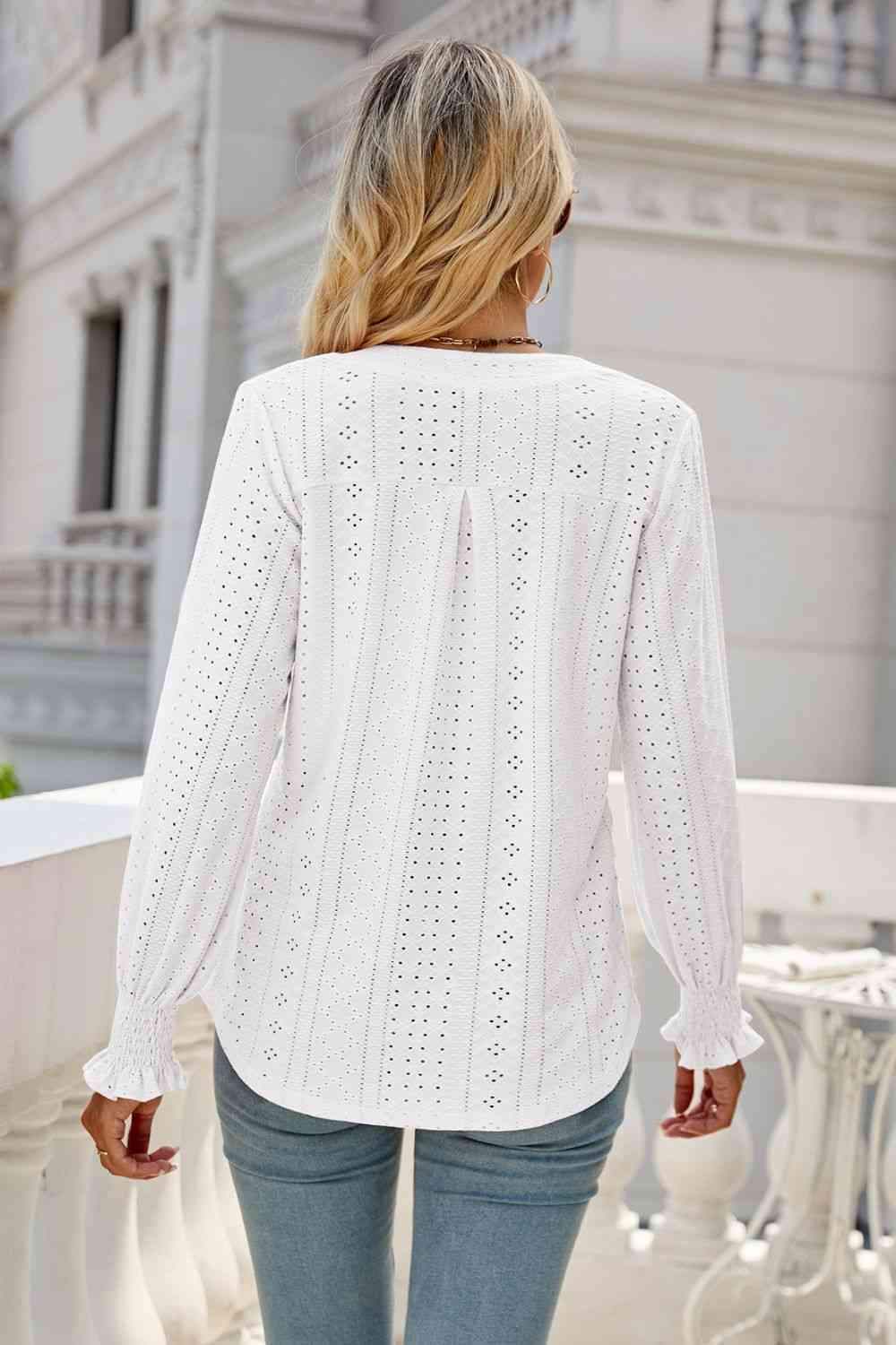 Notched Flounce Sleeve Eyelet Top Blouses - Tophatter Daily Deals