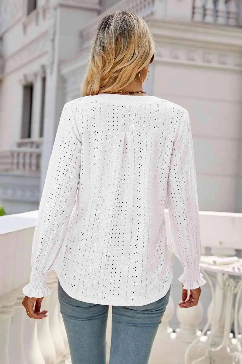 Notched Flounce Sleeve Eyelet Top Blouses - Tophatter Daily Deals