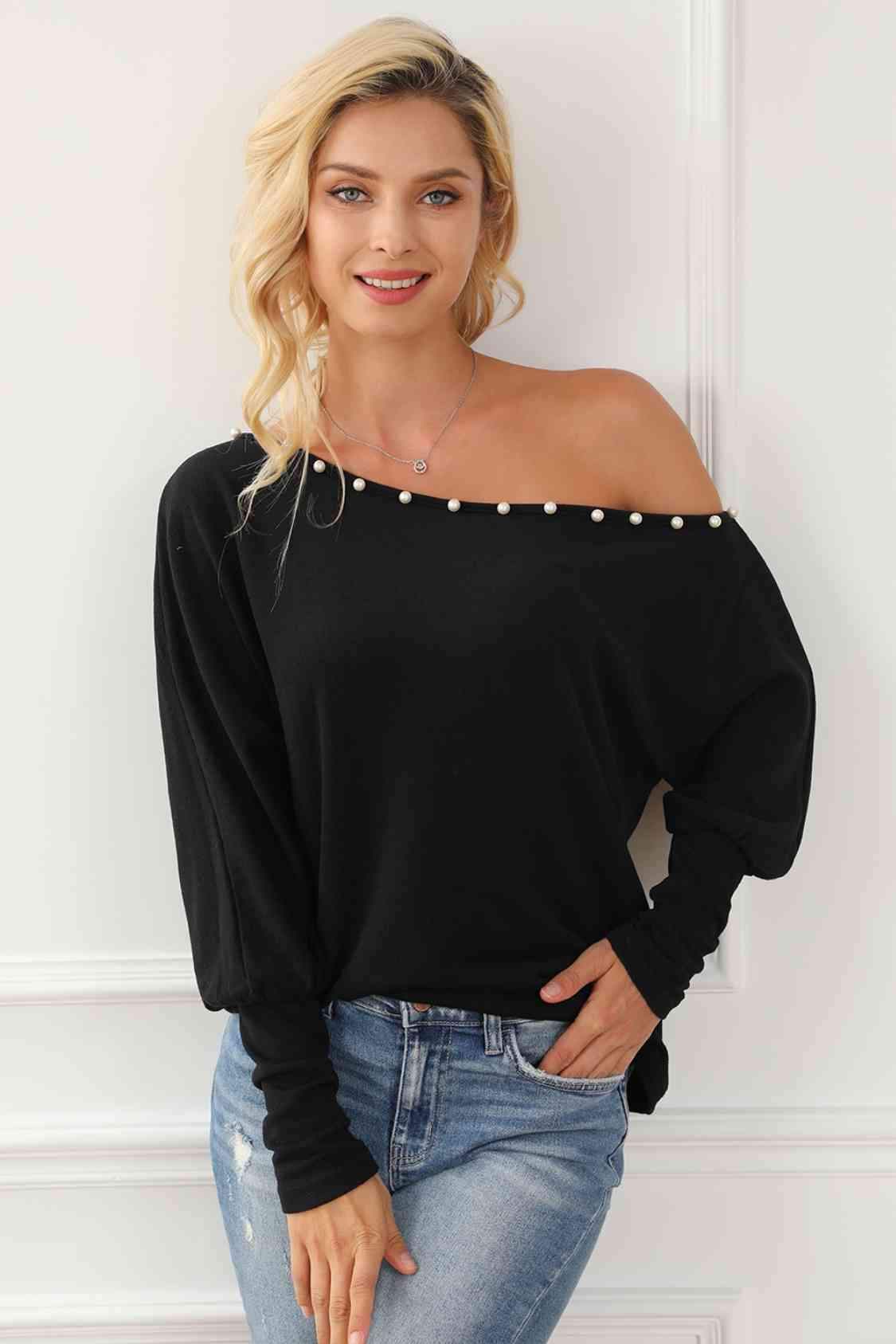 Pearl Trim Lantern Sleeve Top Black Blouses - Tophatter Daily Deals