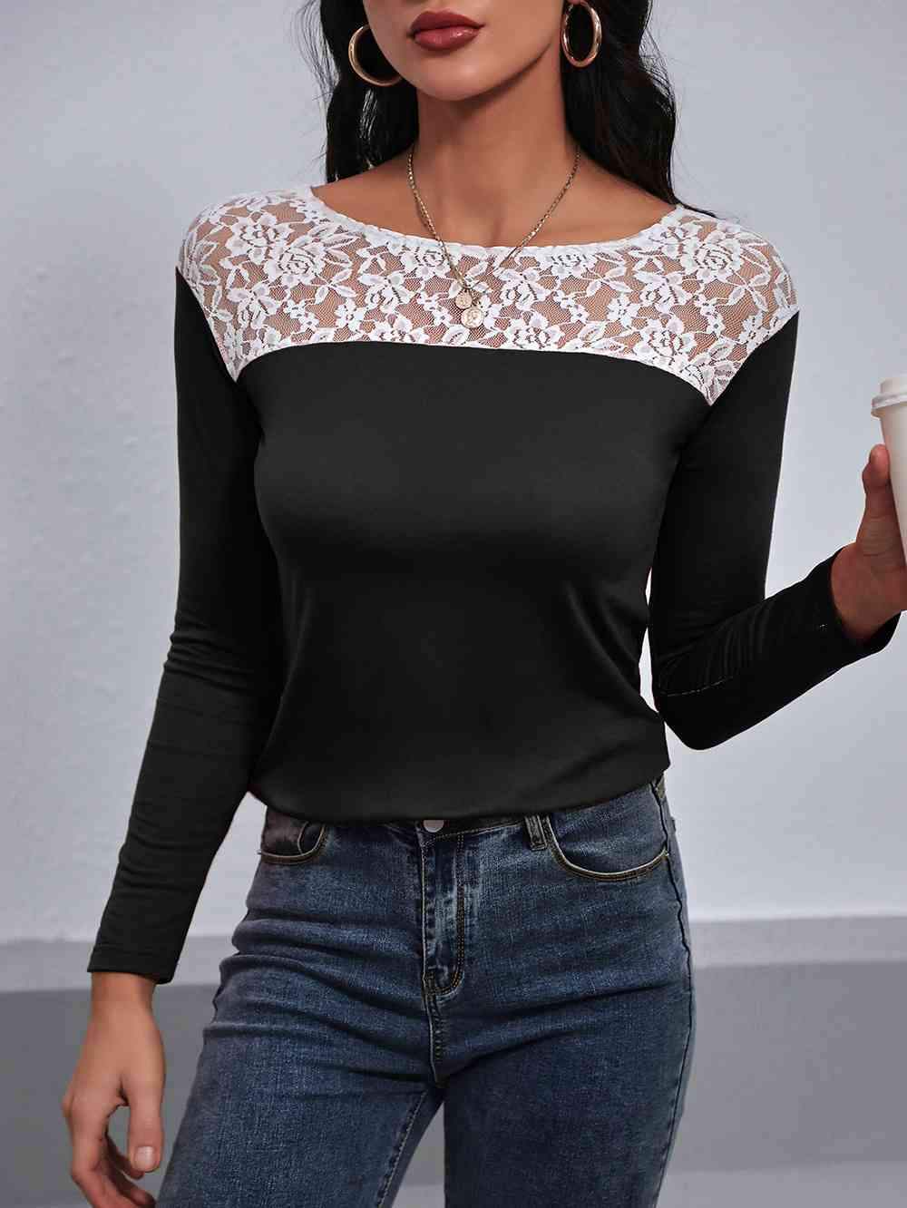 Lace Trim Long Sleeve Round Neck Tee Black Women's T-Shirts - Tophatter Daily Deals