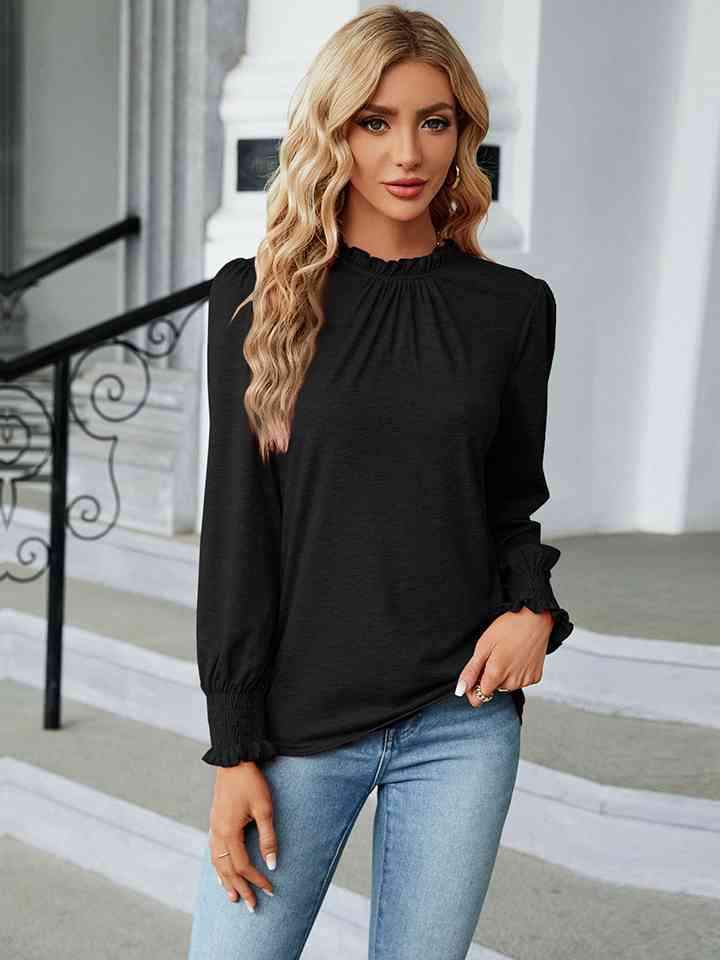 Round Neck Flounce Sleeve Blouse Black Blouses - Tophatter Daily Deals