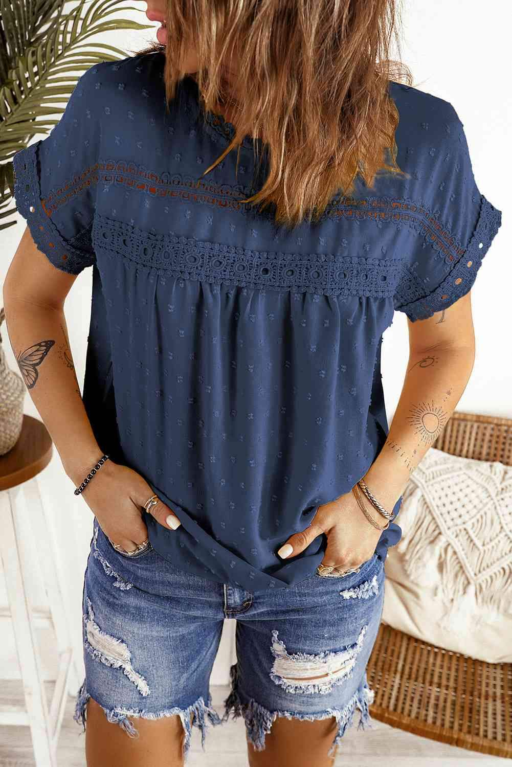 Swiss Dot Decorative Button Short Sleeve Blouse Blouses - Tophatter Daily Deals