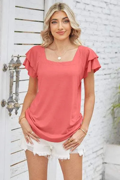 Square Neck Flutter Sleeve T-Shirt Women's T-Shirts - Tophatter Daily Deals