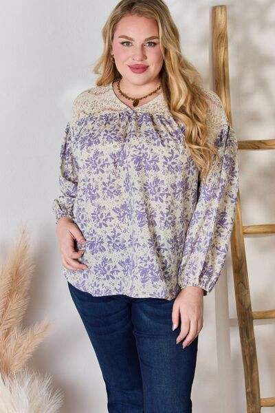 Hailey & Co Full Size Lace Detail Printed Blouse Blouses - Tophatter Daily Deals