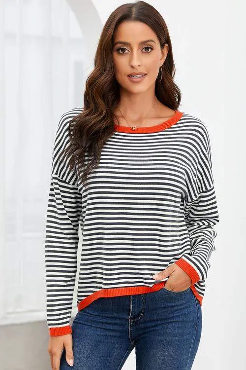 Striped Round Neck Drop Shoulder T-Shirt Blouses - Tophatter Daily Deals