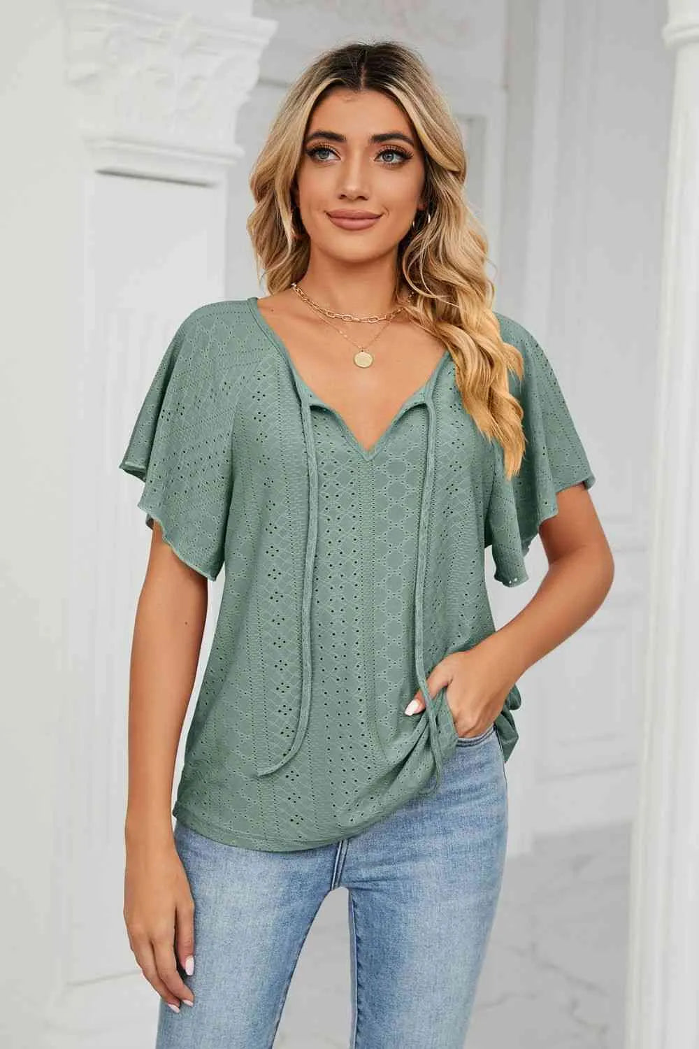 Eyelet Tie-Neck Flutter Sleeve Top Blouses - Tophatter Daily Deals