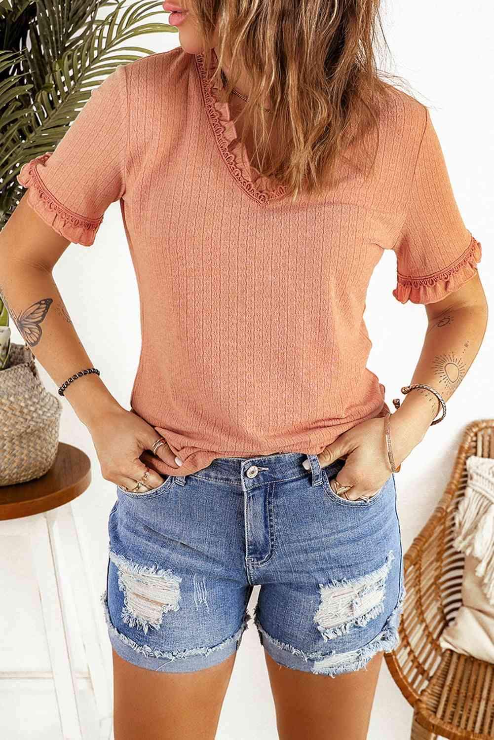 Textured V-Neck Flounce Sleeve Blouse Blouses - Tophatter Daily Deals