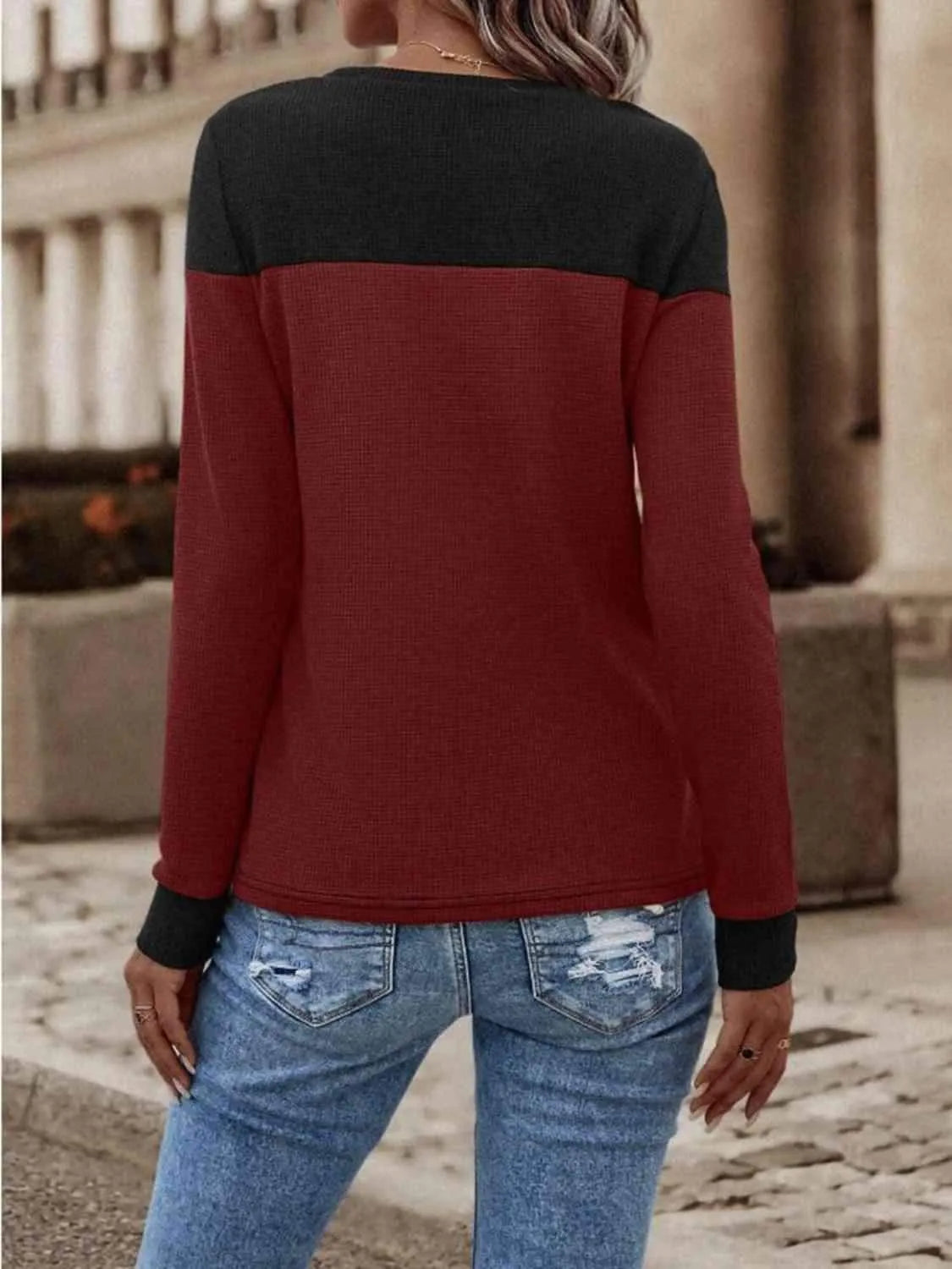 Contrast Buttoned Round Neck Long Sleeve T-Shirt Women's T-Shirts - Tophatter Daily Deals