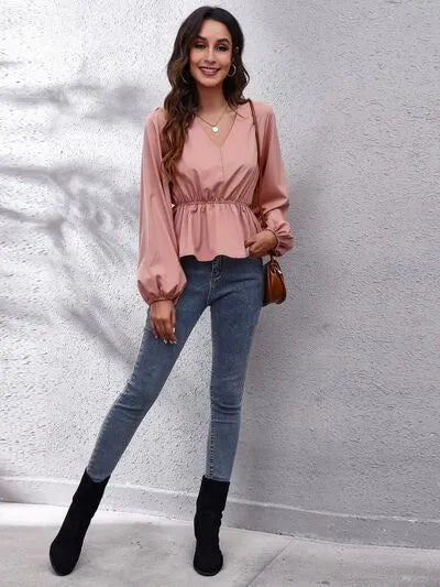 V-Neck Balloon Sleeve Peplum Blouse Blouses - Tophatter Daily Deals