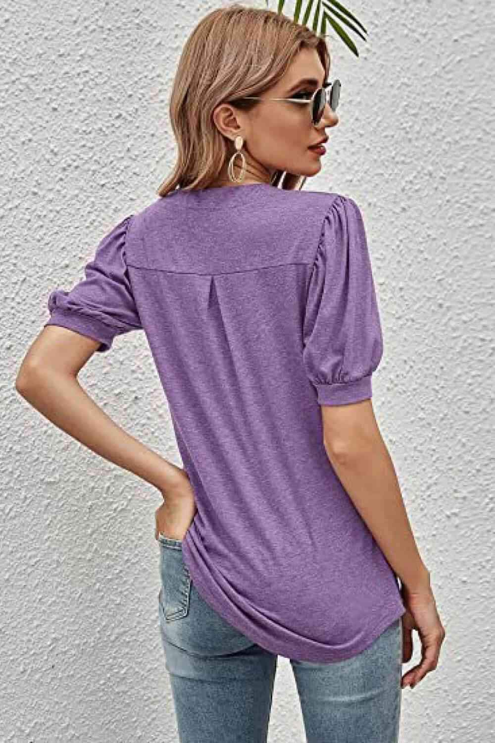 Notched Neck Puff Sleeve Tee Women's T-Shirts - Tophatter Daily Deals