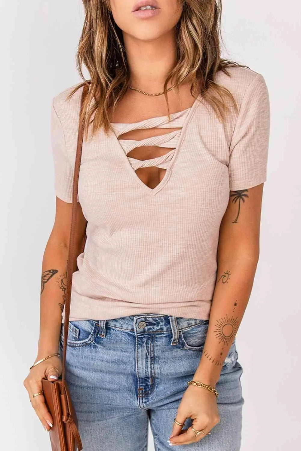 Strappy Ribbed Knit T-Shirt Apricot S Blouses - Tophatter Daily Deals