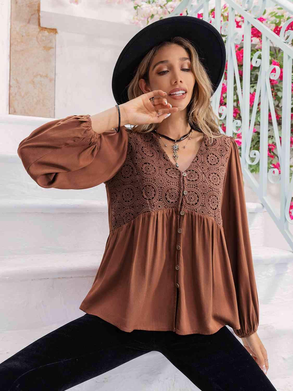 Printed V-Neck Long Sleeve Blouse Blouses - Tophatter Daily Deals