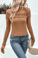 Off-Shoulder Lace Trim Ribbed Tee Blouses - Tophatter Daily Deals