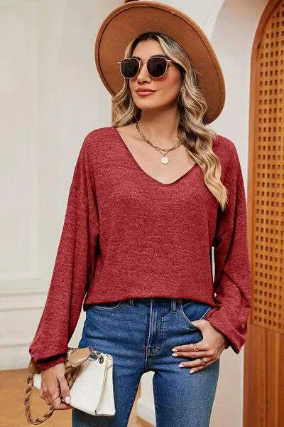 V-Neck Dropped Shoulder T-Shirt Brick Red Women's T-Shirts - Tophatter Daily Deals
