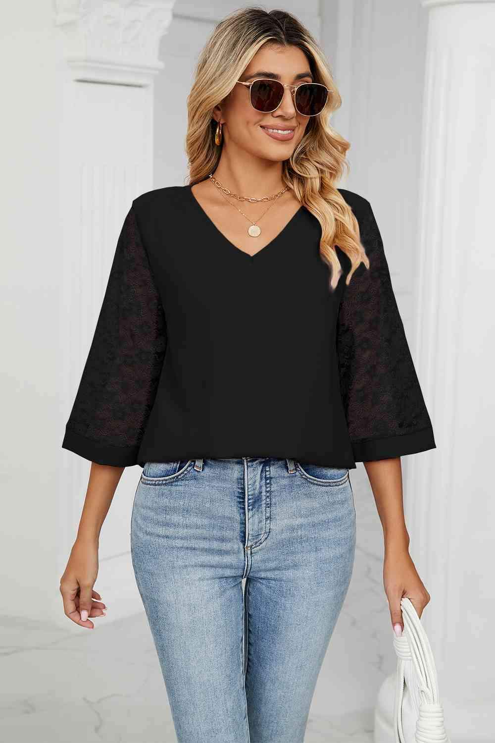 V-Neck Three-Quarter Sleeve Top Women's T-Shirts - Tophatter Daily Deals