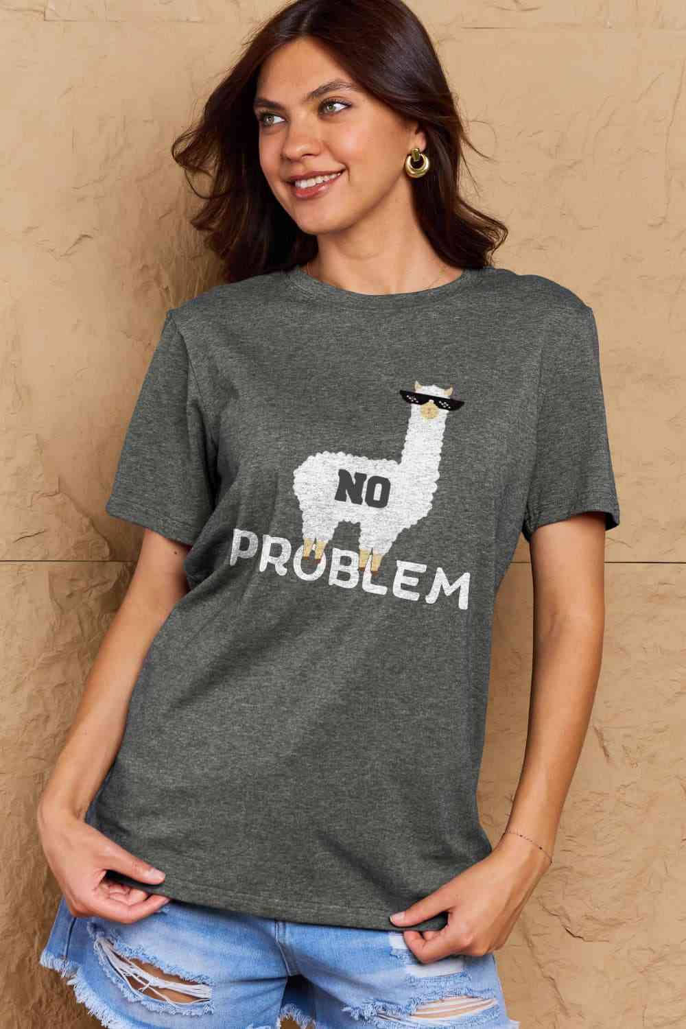 Simply Love Full Size NO PROBLEM Graphic Cotton Tee Charcoal Women's T-Shirts - Tophatter Daily Deals