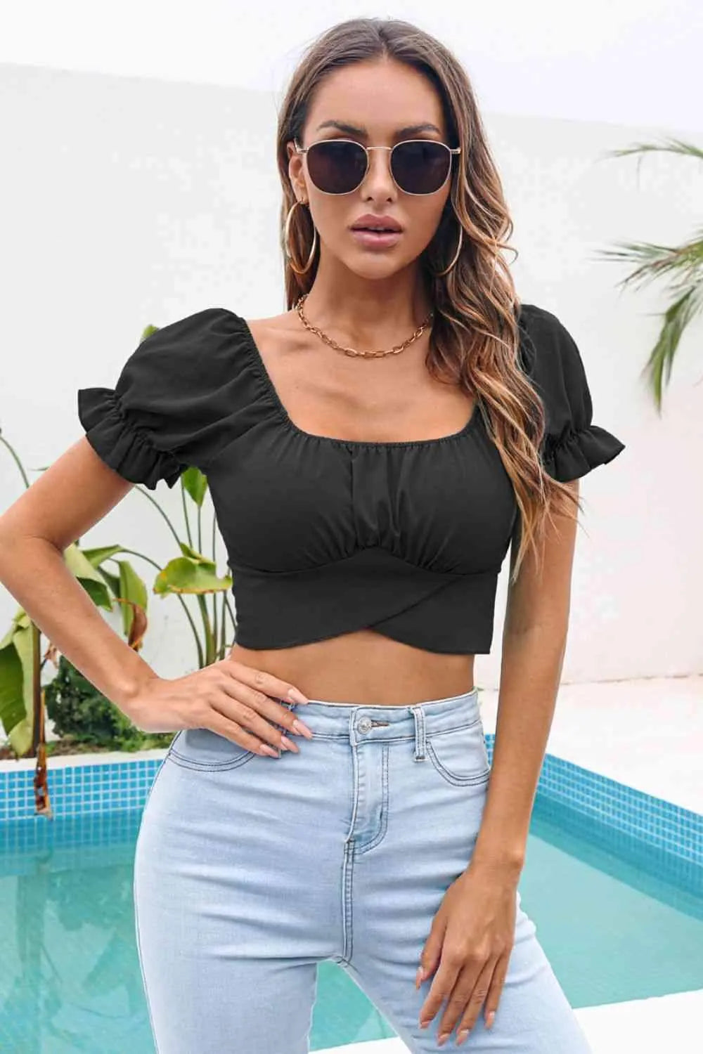 Ruched Square Neck Tie Back Cropped Top Black Blouses - Tophatter Daily Deals