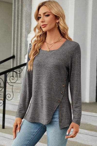 Slit Decorative Button Square Neck T-Shirt Women's T-Shirts - Tophatter Daily Deals