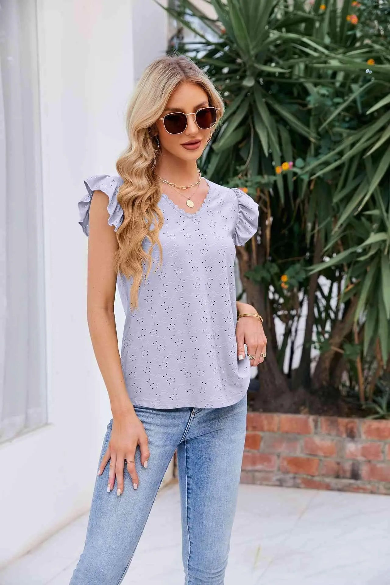 V-Neck Flutter Sleeve Eyelet Top Blouses - Tophatter Daily Deals