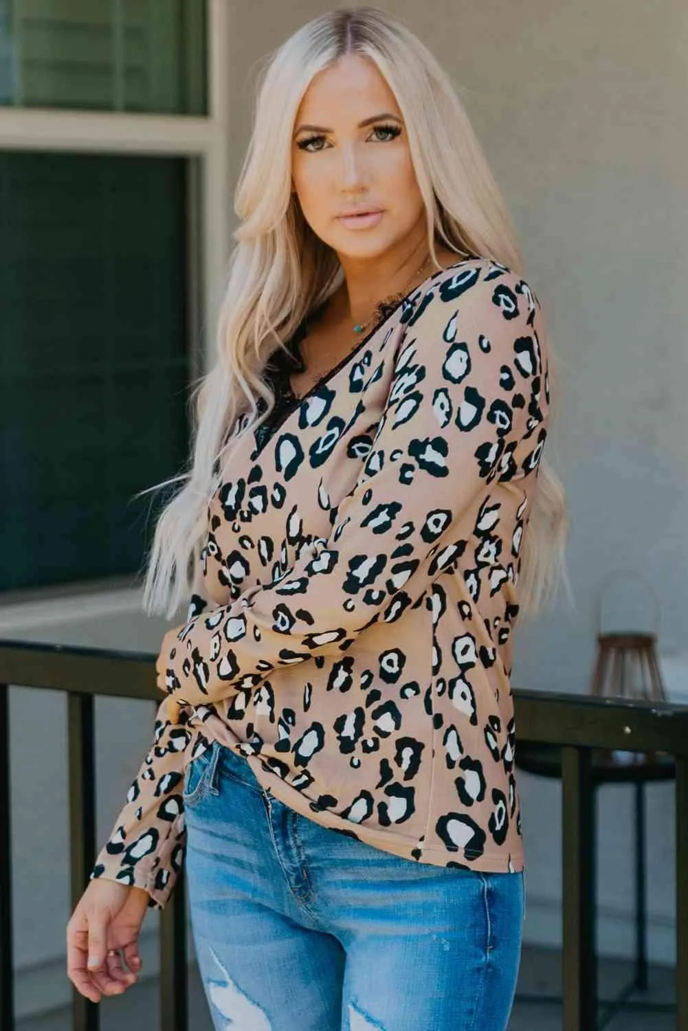Leopard Print Lace Trim V-Neck Top Blouses - Tophatter Daily Deals