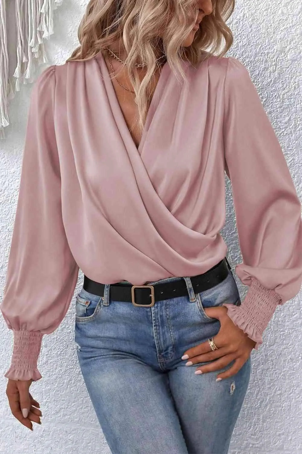 Surplice Neck Lantern Sleeve Blouse Light Mauve Blouses - Tophatter Daily Deals