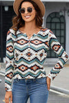 Printed Notched Neck Long Sleeve Top Blouses - Tophatter Daily Deals