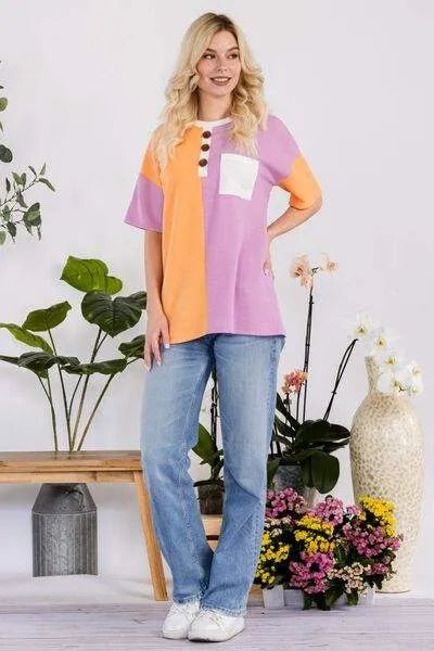 Celeste Full Size Color Block Short Sleeve T-Shirt Blouses - Tophatter Daily Deals