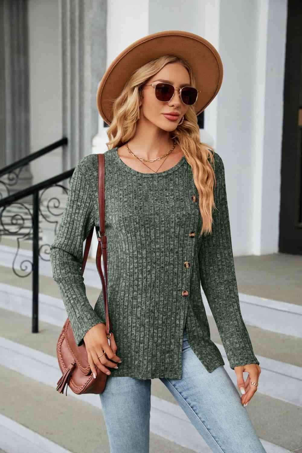 Buttoned Long Sleeve Slit Top Army Green Blouses - Tophatter Daily Deals