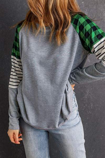 Striped Plaid Round Neck Long Sleeve T-Shirt Women's T-Shirts - Tophatter Daily Deals