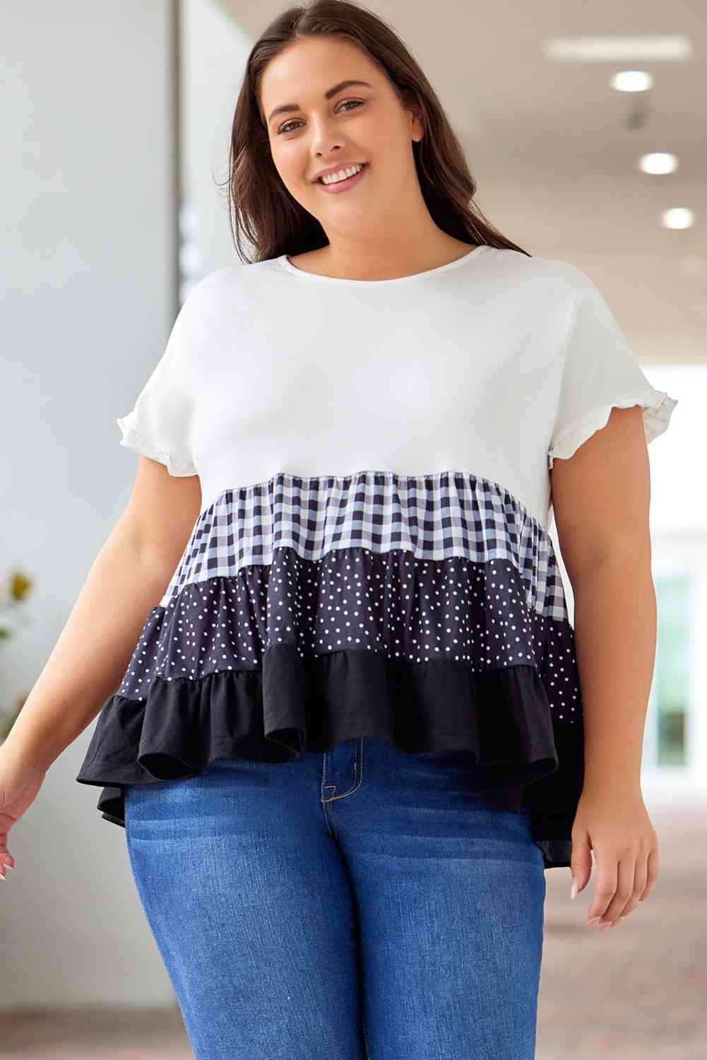 Plus Size Plaid Color Block Tiered Blouse White Blouses - Tophatter Daily Deals