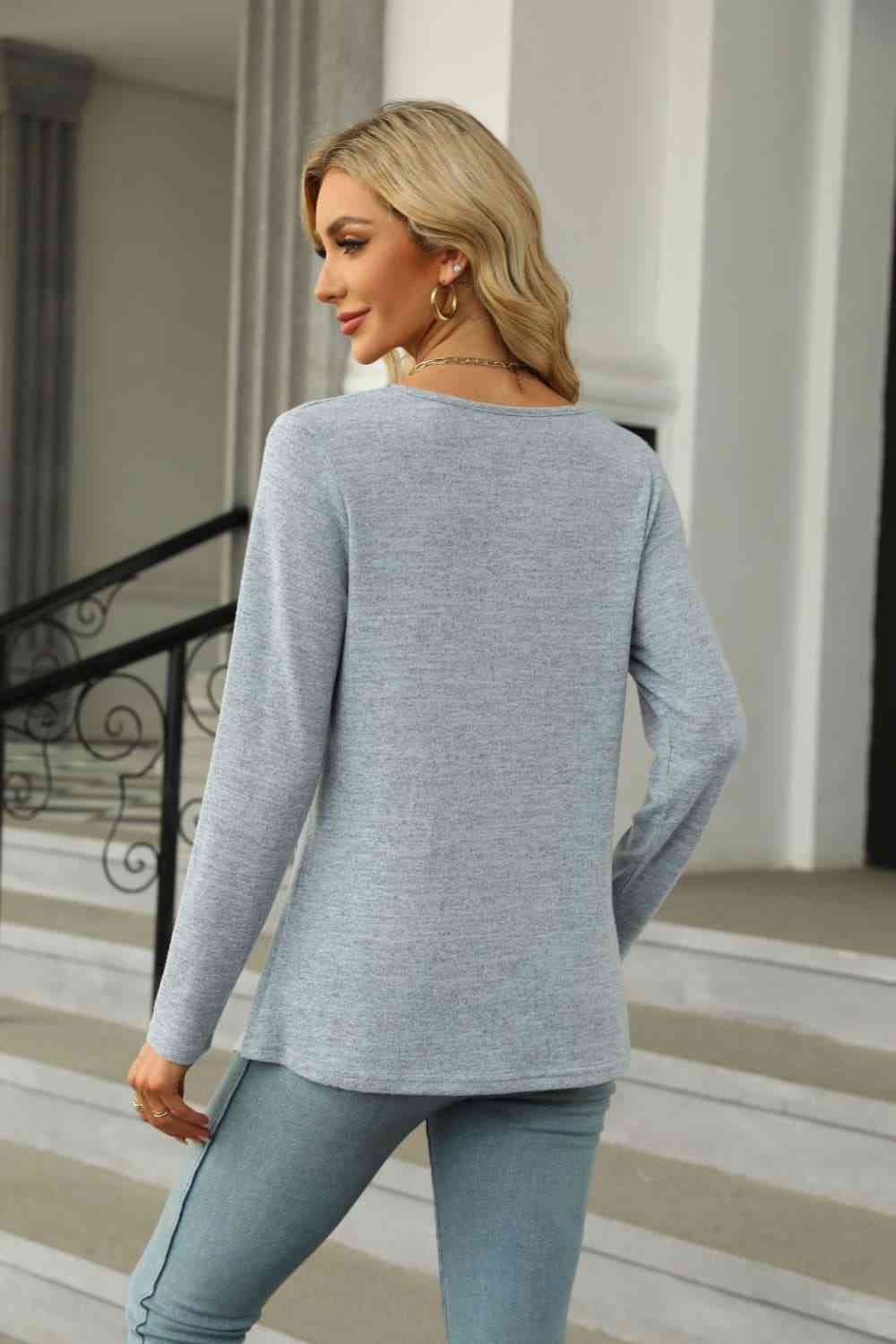 Square Neck Long Sleeve Slit T-Shirt Women's T-Shirts - Tophatter Daily Deals