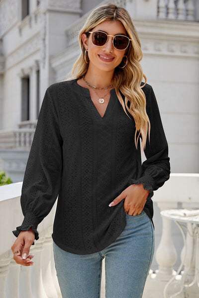 Eyelet Notched Lantern Sleeve T-Shirt Women's T-Shirts - Tophatter Daily Deals