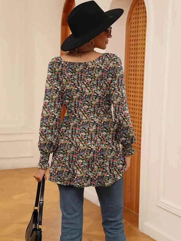 Printed V-Neck Lantern Sleeve Blouse Blouses - Tophatter Daily Deals