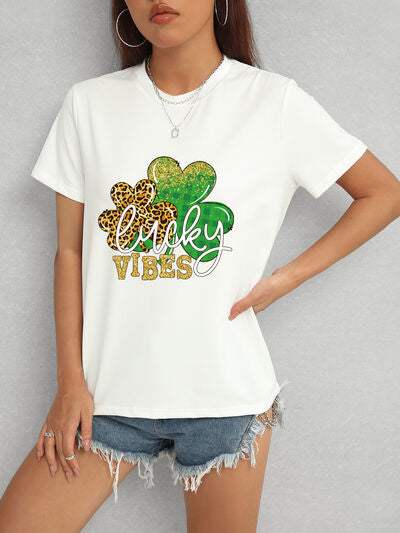 LUCKY VIBES Round Neck Short Sleeve T-Shirt Women's T-Shirts - Tophatter Daily Deals