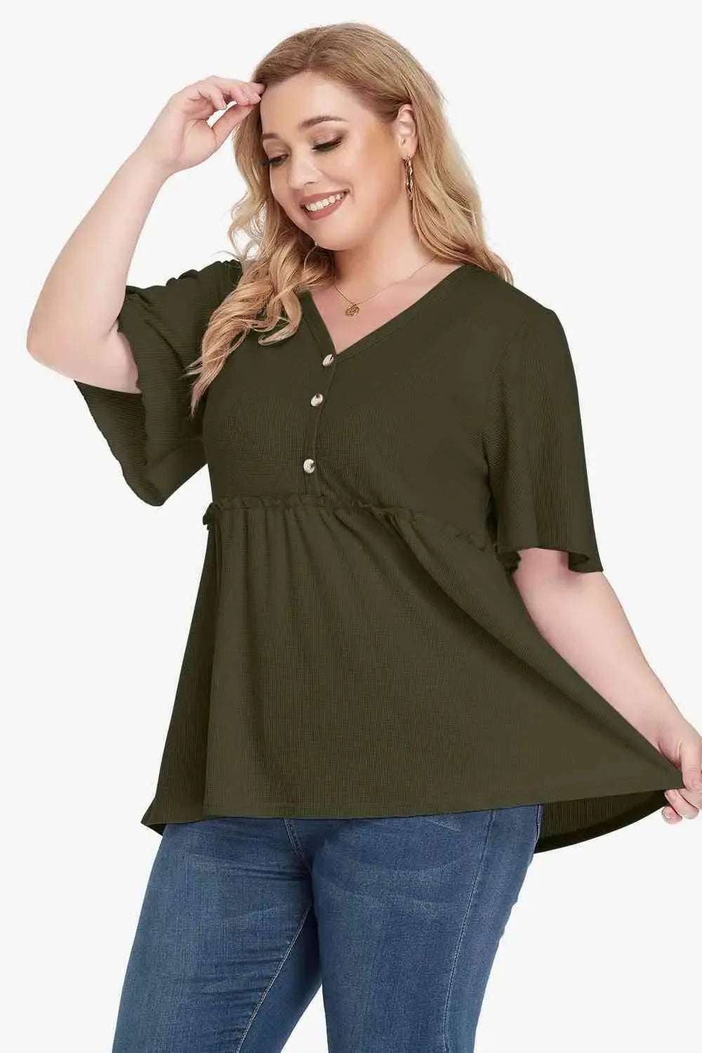 Plus Size Buttoned V-Neck Frill Trim Babydoll Blouse Blouses - Tophatter Daily Deals