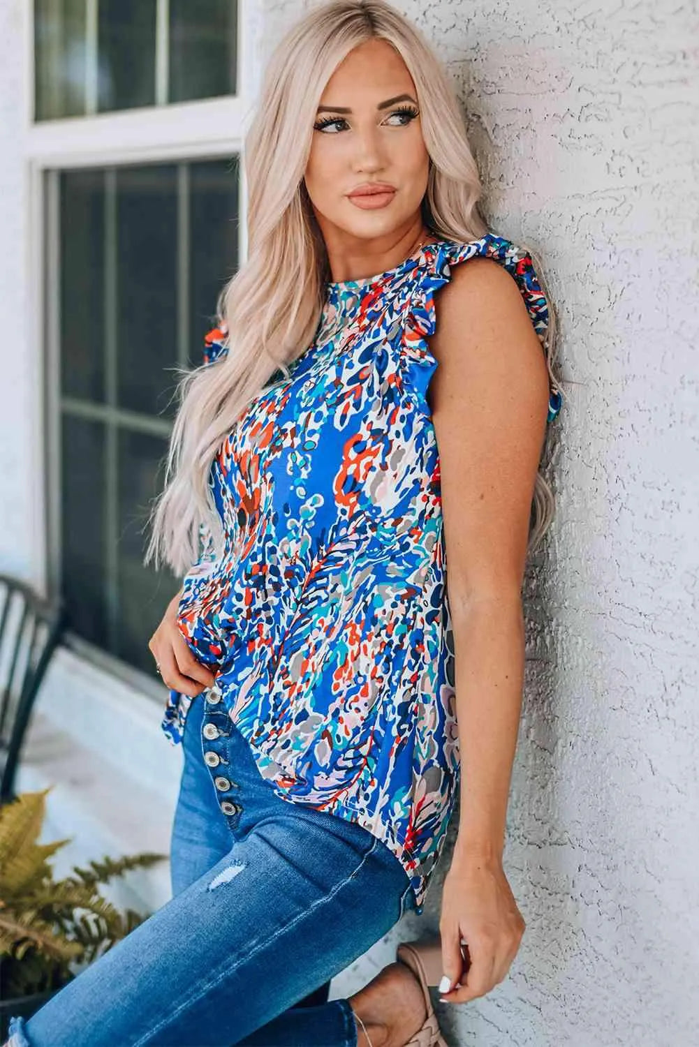 Abstract Print Ruffle Shoulder Top Blouses - Tophatter Daily Deals