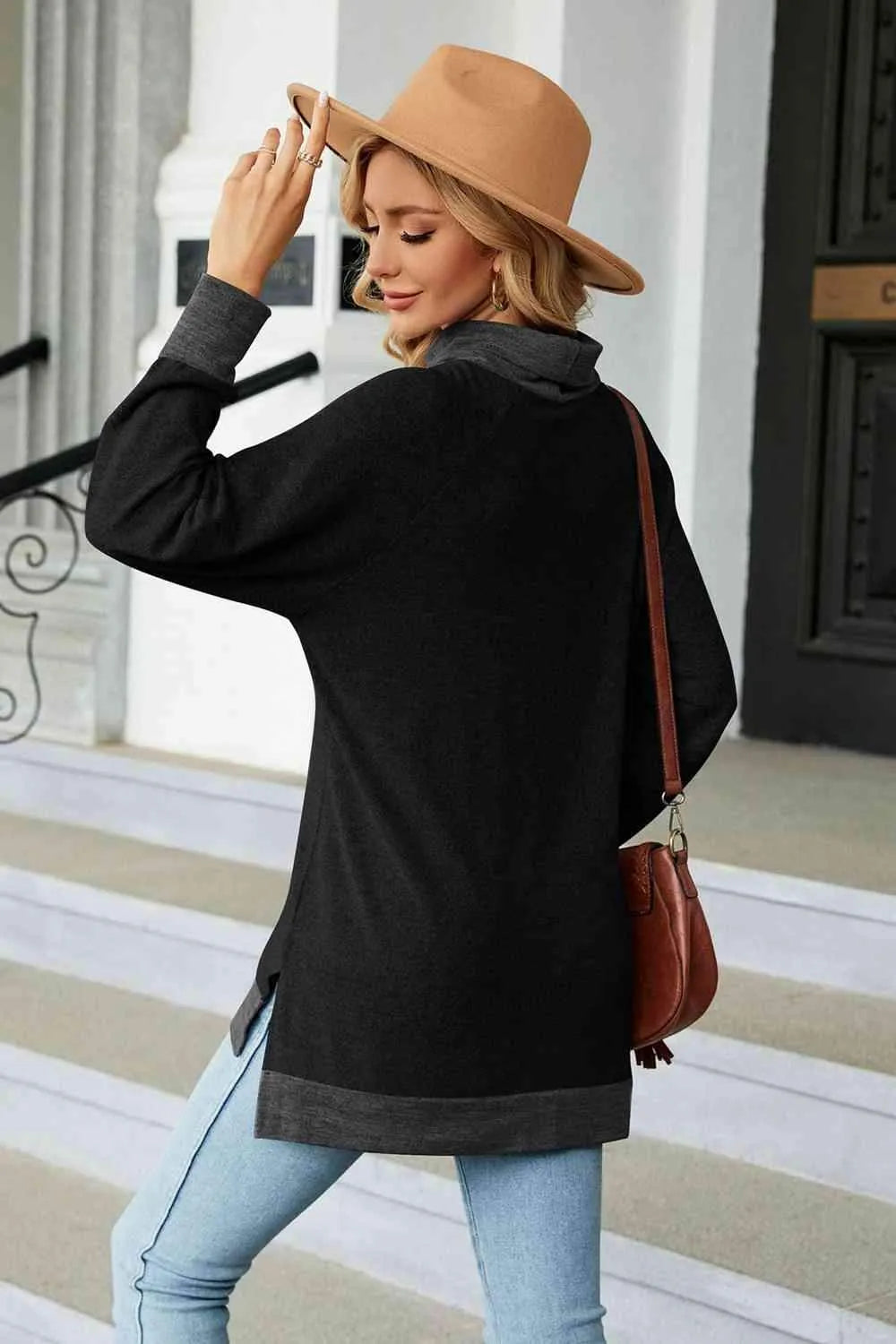 Turtle Neck Long Sleeve Slit Blouse Blouses - Tophatter Daily Deals