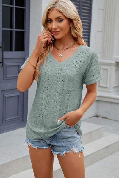 Eyelet V-Neck Short Sleeve T-Shirt Women's T-Shirts - Tophatter Daily Deals